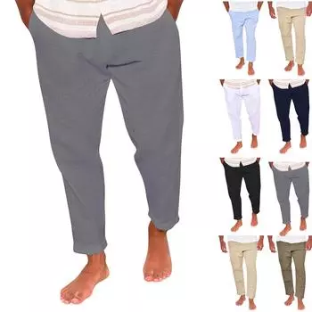 Летние мужские тонкие повседневные спортивные брюки из хлопка и льна M хаки