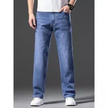 Летние мужские тонкие свободные джинсы классические прямые серо-синие деловые повседневные эластичные хлопковые джинсовые брюки большого размера 46 синий