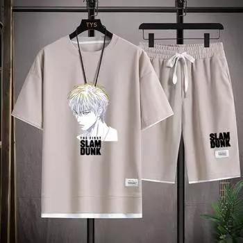 Летние мужские топы и брюки, комплект из 2 предметов, Повседневная футболка с принтом японского аниме и шорты с коротким рукавом, баскетбольная спортивная одежда M