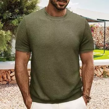Летние мужские топы, трикотажные, с круглым вырезом, короткими рукавами, однотонные, ребристые, эластичные футболки, облегающие, пуловеры, повседневная одежда S серый