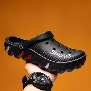 Летние мужские туфли с дырками, индивидуальная тенденция, верхняя одежда, тапочки, повседневная мода, дышащие, сандалии на толстой подошве для пляжа 39 чёрный