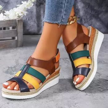 Летние мужские туфли с толстой подошвой, женские плетеные туфли с открытым носком, крючки-петли, летние сандалии на толстой танкетке и покатом каблуке в римском стиле 36 чёрный