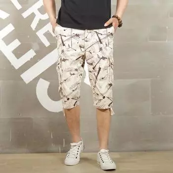Летние мужские укороченные брюки больших размеров с принтом, множеством карманов, застежкой-молнией, прямыми штанинами, пляжные шорты для отдыха, повседневные, для груза 30 бежевый