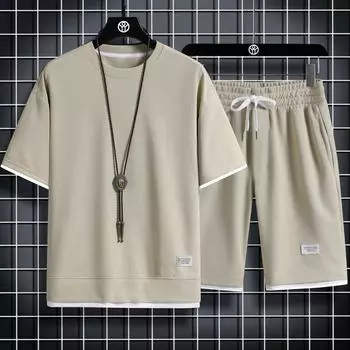 Летние мужские вафельные комплекты, повседневная футболка и шорты, мужской спортивный костюм, однотонный спортивный костюм, свободные костюмы, размер XL хаки