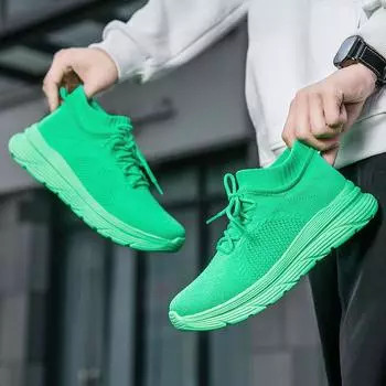 Летние мужские высокие носки кроссовки обувь новые сетчатые модные беговые легкие на толстой подошве на шнуровке повседневные мужские спортивные туфли 39 зелёный