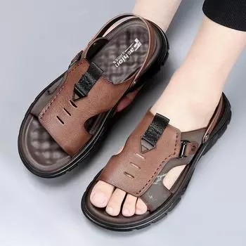 Летние мужские высококачественные повседневные пляжные сандалии из коровьей кожи с верхним слоем, классические мужские дышащие и нескользящие пляжные туфли с латексной подкладкой 38 чёрный