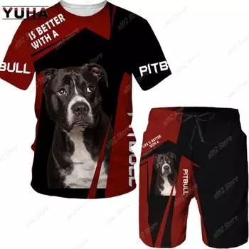 Летние мужские забавные футболки/шорты/костюмы с 3D принтом собаки Pitbull Rottweiler, мужские спортивные костюмы, футболки с графикой, короткие штаны, комплекты из 2 предметов S