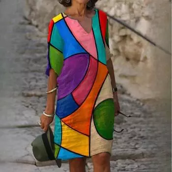 Летние напечатанные свободные бамбуковые волокна пенька измельченный цветок V-образный вырез рукав пять точек женские винтажные литературные платья S