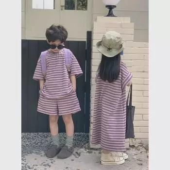 Летние наряды для братьев и сестер 2024 года: Полосатые костюмы для мальчиков и платья для девочек в корейском стиле 140 cm