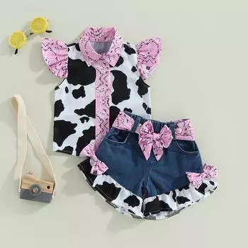 Летние наряды для девочек 1 года, 2 лет, 3 лет, 4 лет, 5 лет, 6 лет, топы с отложным воротником и рукавами-крылышками, джинсовые шорты с поясом, комплект одежды из 2 предметов 1-2 Years синий