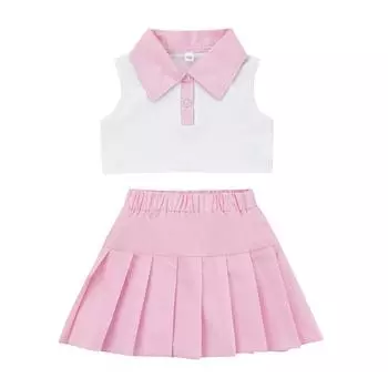 Летние наряды для девочек из 2 предметов, комплект из топа без рукавов и плиссированной юбки в стиле пэчворк с лацканами и пуговицами для детей 2, 3, 4, 5, 6, 7 лет, для детей 2–7 лет 2-3 Years белый
