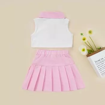 Летние наряды для девочек из 2 предметов, комплект из топа без рукавов и плиссированной юбки в стиле пэчворк с лацканами и пуговицами для детей 2, 3, 4, 5, 6, 7 лет, для детей 2–7 лет 2-3 Years белый