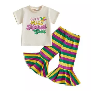 Летние наряды для девочек-малышей, топы с коротким рукавом и круглым вырезом, с принтом в виде букв и короны, с эластичной талией, расклешенные полосатые брюки 6-12 Months абрикосовый