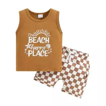 Летние наряды для мальчиков 6, 12, 18, 24 месяца, 3, 4 года, майки без рукавов с буквенным принтом автомобиля и шорты с эластичной резинкой на талии в шахматном порядке, комплект одежды из 2 предметов 6-12 Months чёрный