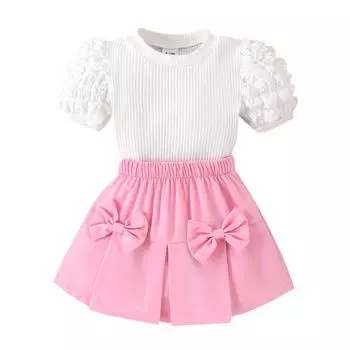Летние наряды для маленьких девочек 6, 12, 18, 24 месяца, 3, 4 года, топы в рубчик с круглым вырезом и пышными рукавами + эластичная талия, мини-юбка с 3D бантом, комплект для малышей 2-3 Years жёлтый