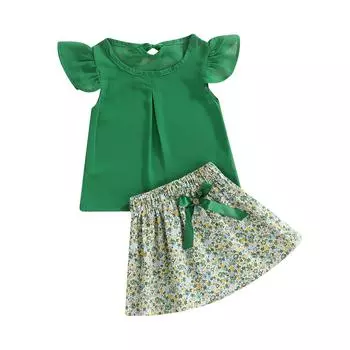 Летние наряды для маленьких девочек из 2 предметов, однотонная футболка с рукавами-крылышками + комплект мини-юбки с цветочным принтом 1-2 Years зелёный