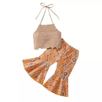 Летние наряды для маленьких девочек, летние топы без рукавов с воротником-халтер и повседневные расклешенные брюки с геометрическим принтом, комплект 6-12 Months хаки