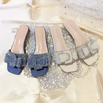 Летние наружные тапочки женские 2024 года, новый ретро-модный темперамент, односложная тапочка с юбкой, стразы, иностранный стиль, пляжная швабра 35 синий