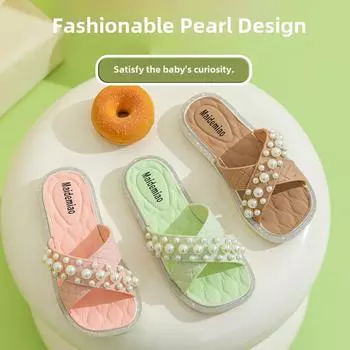 Летние нескользящие тапочки принцессы с жемчужной цепочкой для девочек - сандалии с мягкой подошвой для использования в помещении и на открытом воздухе 34-35 (Foot Length 20.5cm)