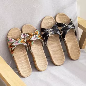 Летние нескользящие женские домашние тапочки из льна 35