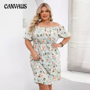 Летние нежные принтованные короткие платья без бретелек с талией, свободное платье на одно плечо больших размеров 1XL абрикосовый