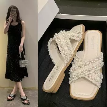 Летние нишевые дизайнерские тапочки Sense Pearl Beach Slippers Seaside Beach Slippers Small Incense Big Size Sandals Тапочки Женская верхняя одежда Модная обувь 35