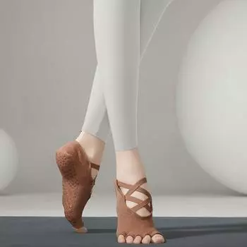 Летние носки для йоги Нескользящие Профессиональные женские носки с пальцами Носки с раздельными пальцами для пилатеса Спортивные носки для помещений Кружевные Открытый носок Нескользящие носки Half-toe multi-strap khakis 1 pair