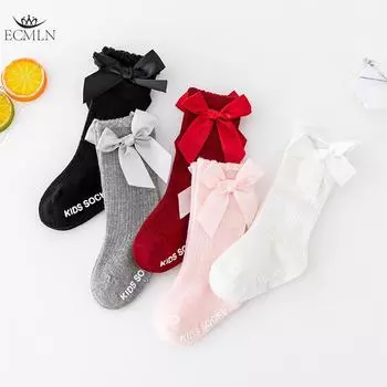 Летние носки для маленьких девочек, милые большие банты, мягкие хлопковые эластичные однотонные сетчатые носки для новорожденных, длинные носки до колена для маленьких девочек S