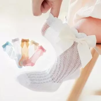 Летние носки для маленьких девочек, милые большие банты, мягкие хлопковые эластичные однотонные сетчатые носки для новорожденных, длинные носки до колена для маленьких девочек 0-1years белый