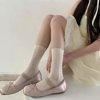 Летние носки, женские дышащие длинные носки с тонкой сеткой, однотонные однотонные носки в японском стиле в стиле Лолиты для девочек Kawaii, милые носки с рюшами
