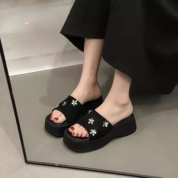 Летние НОВЫЕ модные элегантные повседневные сандалии на платформе и подошве, однотонные черные модные тапочки с квадратным носком и открытым носком, НЕТ:510 35