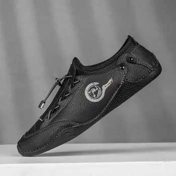 Летние новейшие мужские мокасины с эластичной резинкой, дышащие повседневные кожаные туфли, мужские туфли на плоской подошве, мягкие туфли для вождения, легкие мокасины 38 чёрный