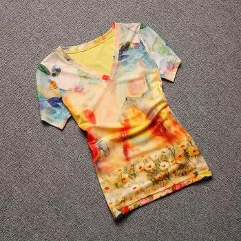 Летние новинки 2024 года, облегающие топы с принтом и рукавом до локтя Yellow M