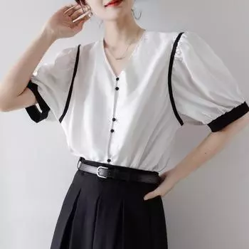 Летние новые элегантные французские короткие рубашки с рукавами-фонариками и лацканами, женские укороченные топы в стиле ретро с V-образным вырезом, сексуальные стильные эстетичные шикарные рубашки 2000 года S белый