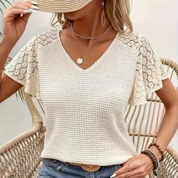 Летние новые блузки с V-образным вырезом и кружевом, женские блузки с коротким рукавом, свободные, повседневные рубашки, женские элегантные однотонные винтажные модные женские топы 26194 S абрикосовый
