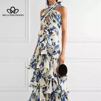 Летние новые богемные платья в стиле отпуска с ремешками в стиле Лолиты, большие распашные платья с принтом, длинное платье в пляжном стиле S