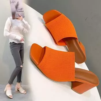 Летние новые большие размеры, крутые тапочки из хлопчатобумажной ткани на высоком каблуке, вязаные дышащие модные женские босоножки на толстом каблуке Тапочки 35