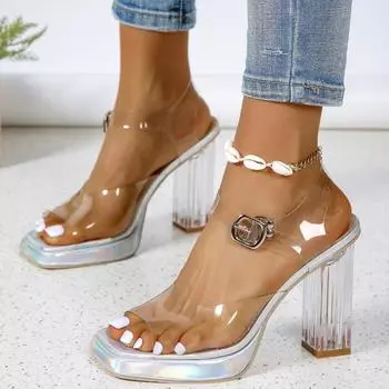 Летние новые босоножки 2024 года с открытым носком и большой пастью рыбы на толстой подошве с пряжкой в одну линию, прозрачные, удобные, высокие каблуки для женщин 35 серебряный