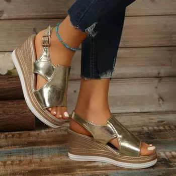 Летние новые босоножки большого размера с пряжкой в форме рыбьего рта на танкетке, женские модные и удобные, блестящие женские босоножки на толстой подошве 36 чёрный