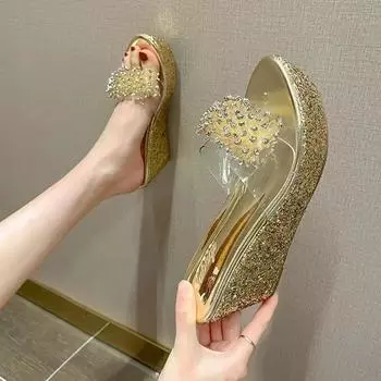 Летние новые босоножки на танкетке с высоким каблуком 8 см, водонепроницаемая платформа, прозрачный носок рыбы 34 чёрный