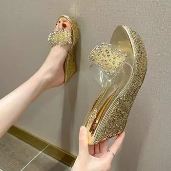 Летние новые босоножки на танкетке с высоким каблуком 8 см, водонепроницаемая платформа, прозрачный носок рыбы 34 чёрный