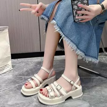 Летние новые босоножки на толстой подошве с открытым носком и плоской подошвой 35 чёрный