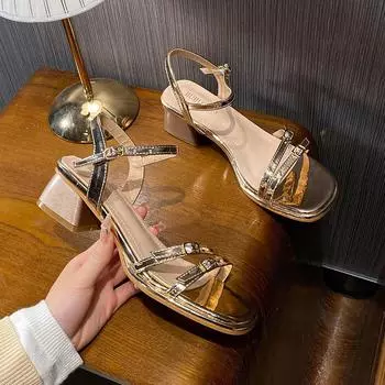 Летние новые босоножки в стиле феи на толстом каблуке с двумя рядами и золотой пряжкой, женские босоножки на толстом каблуке, универсальные для поездок на работу 34 золотой