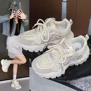 Летние новые черные папины массивные кроссовки повседневные вулканизированные туфли женские кроссовки на высокой платформе со шнуровкой белые кроссовки женские 2024 35 белый