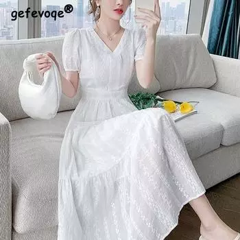 Летние новые чистые хлопковые V-образные вырезы с вышивкой элегантные модные белые платья женские с коротким рукавом талии милое платье-халат женское платье Vestido S