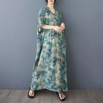 Летние новые цветные платья в стиле отпуска с V-образным вырезом в стиле ретро, длинные платья для женщин, винтажное платье из хлопка и льна One Size