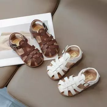 Летние новые детские сандалии для девочек 2024 года, модные удобные тканые вырезы, корейские простые универсальные римские классные пляжные туфли 16 бежевый