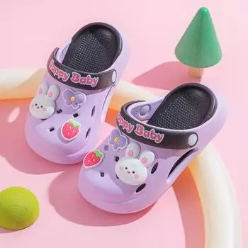 Летние новые детские тапочки с милым мультяшным кроликом 2025 года, мягкая нескользящая обувь с отверстиями для использования в помещении и на улице 24-25 фиолетовый