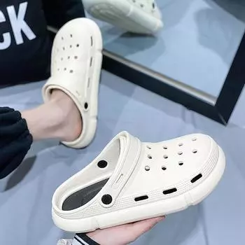 Летние новые дырочные туфли мужские корейские версии модных тапочек-мешков мужские двойные нескользящие пляжные сандалии на толстой подошве 38 чёрный