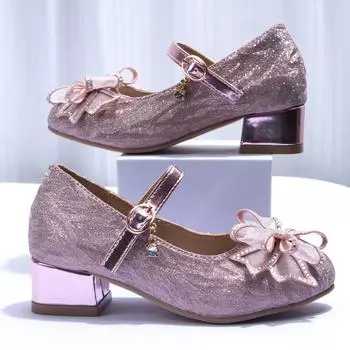 Летние новые дышащие толстые туфли принцессы с бантом для девочек с кристаллами из кожи 27 серебряный